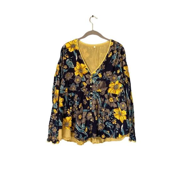 Plus size women’s floral blue and yellow tiered ruffle hem baby doll top - Picture 2 of 7